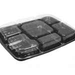 14" x 11" Black PET 6-Comp. Upside Down Tray w/Sq. DC and Lid