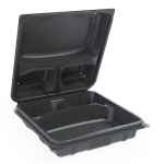 9" x 9.3" x 3" Black PS 3-comp. Hinge & Lid w/4 vents, 50 oz.