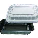 8.15" x 6.65" Black Ribbed PP HMR Oblong Tray w/ Vented Lid, 24 oz.