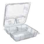 9" x 9.3" Clear PS 3-comp. Hinge & Lid, 50 oz.