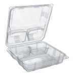 9" x 9.3" Clear PS 3-comp. Hinge & Lid w/4 vents, 50 oz.